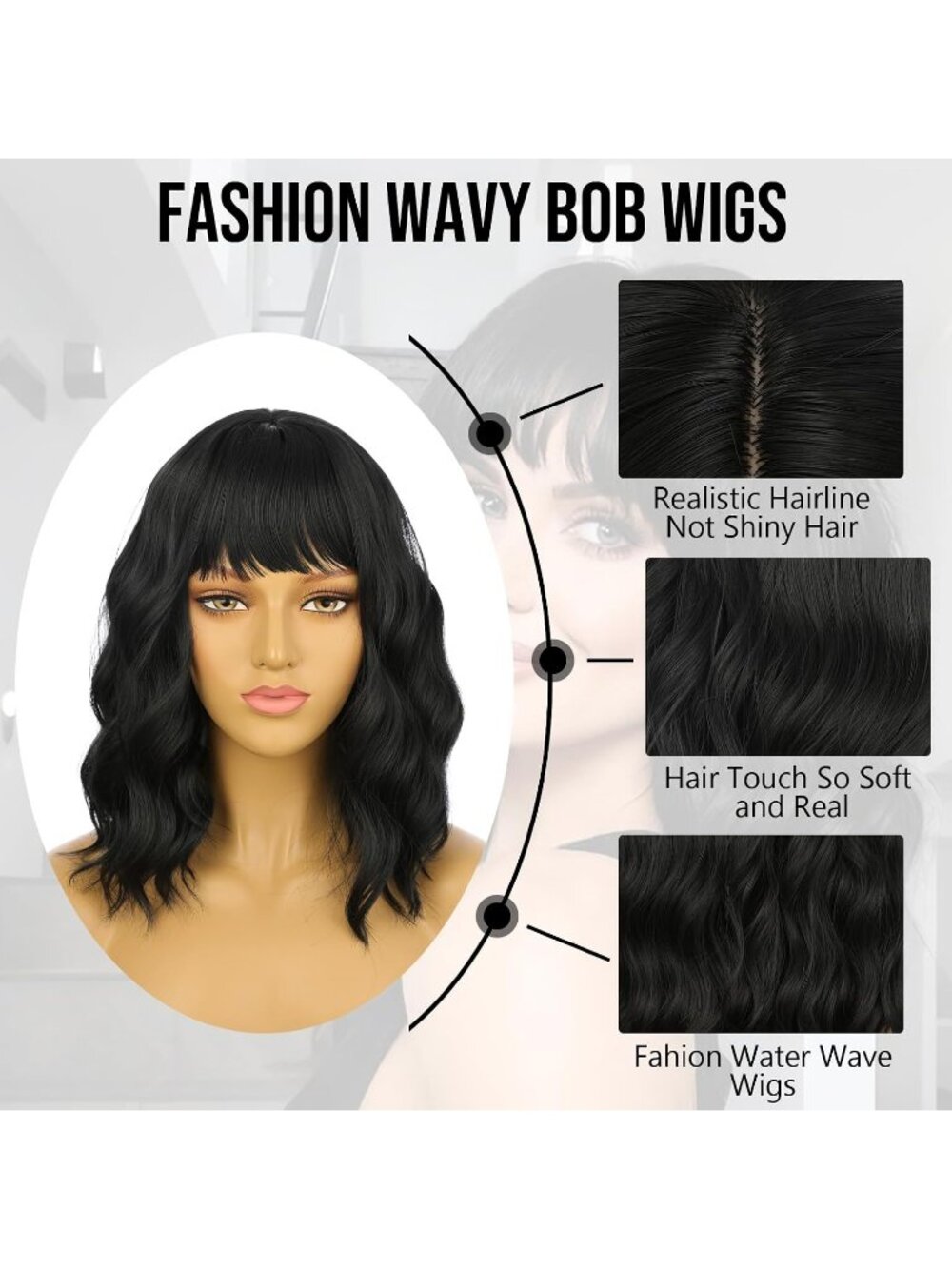 Women's Black Classic 14 Inch Natural Synthetic Short Wavy Curly Bob Wigs